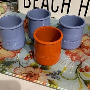 Set of 4 La Fermiere Cermer Terra Cotta Yogurt Pot Blue/Burnt Orange France